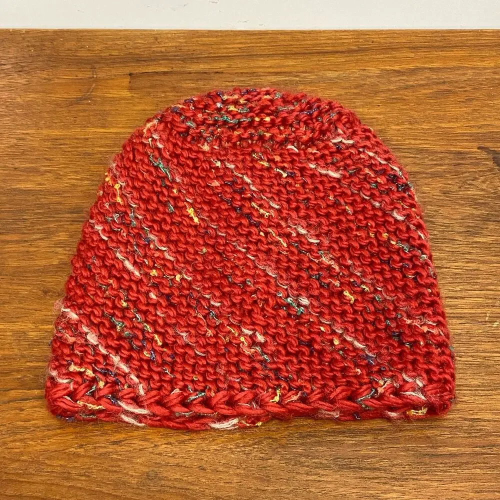 Wool Blend Women’s Red Chunky Knit Beanie Stocking Cap Ski Winter Hat Boho Indie